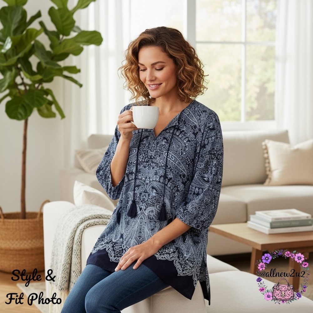 Chicos Dark Blue Paisley Top Tunic XL Chico’s 3